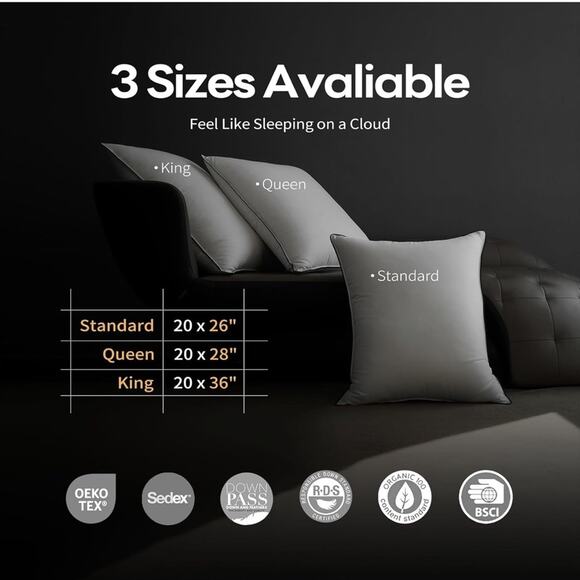 Luxury Premium Feather Down Fiber Pillows Standard Sz Fluffy Bed Pillows 480TC - Picture 4 of 7